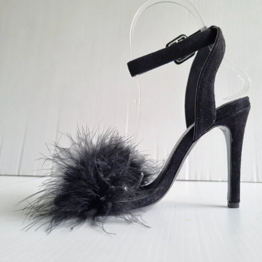Aje. Black Feather & Suede Open Toe Stilettos Size 36 - Picture 5 of 10